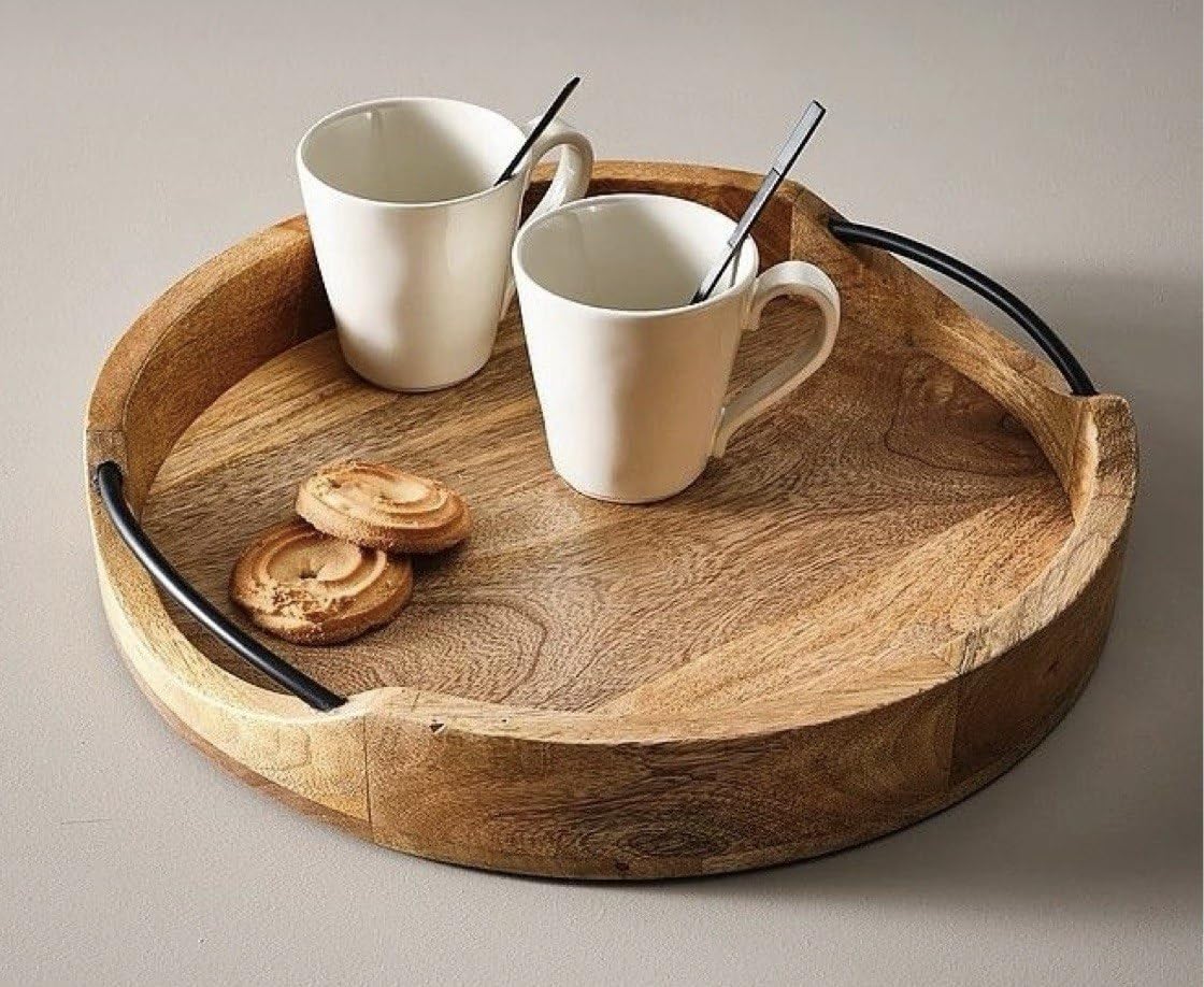 Craft Mshopr Medium Rustic Round Wooden Serving Tray 10X10X2 Inches - Handcrafted Mango Wood With Iron Handles - Decorative Kitc